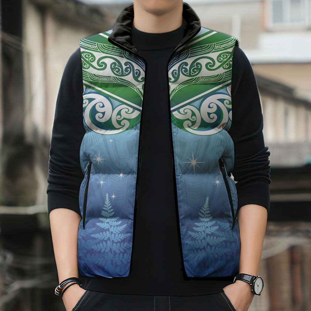 Aotearoa New Zealand New Year Sleeveless Puffer Jacket Maori Motifs with Silver Fern and Matariki Stars LT03 - Polynesian Pride
