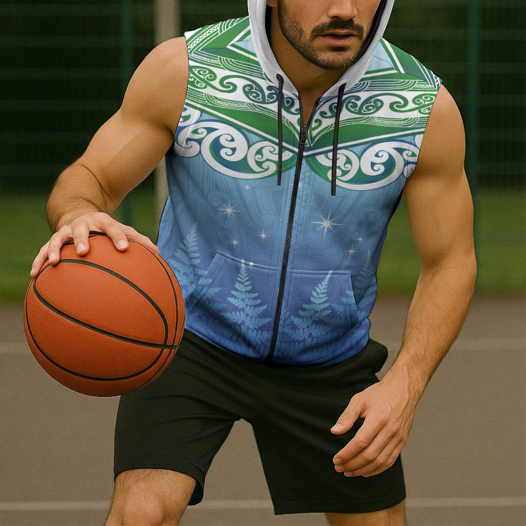 Aotearoa New Zealand New Year Sleeveless Zip Hoodie Maori Motifs with Silver Fern and Matariki Stars LT03 - Polynesian Pride