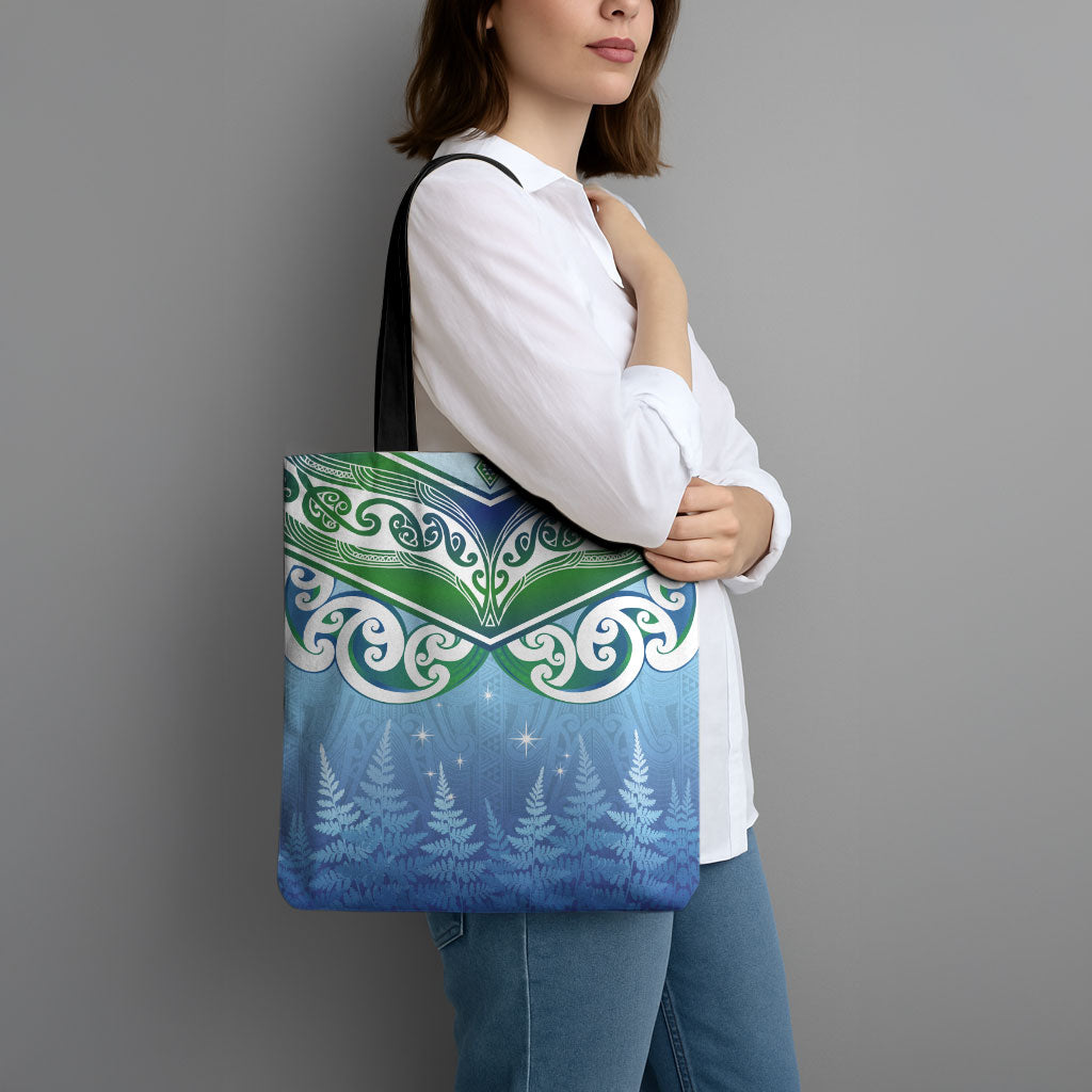 Aotearoa New Zealand New Year Tote Bag Maori Motifs with Silver Fern and Matariki Stars LT03 - Polynesian Pride