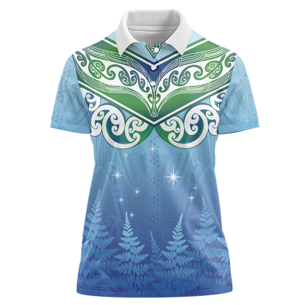 Aotearoa New Zealand New Year Women Polo Shirt Maori Motifs with Silver Fern and Matariki Stars