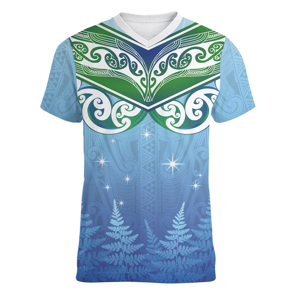 Aotearoa New Zealand New Year Women V-Neck T-Shirt Maori Motifs with Silver Fern and Matariki Stars