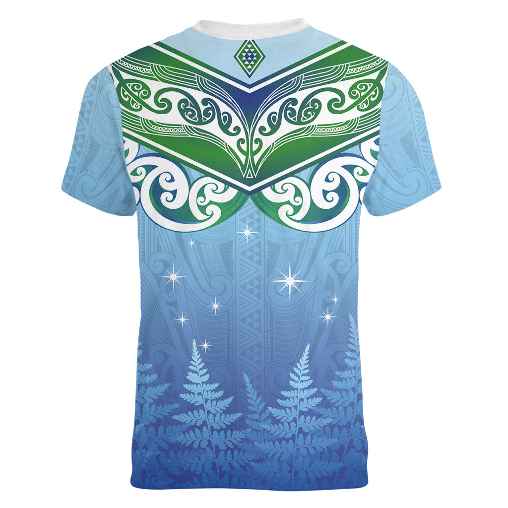 Aotearoa New Zealand New Year Women V-Neck T-Shirt Maori Motifs with Silver Fern and Matariki Stars LT03 - Polynesian Pride