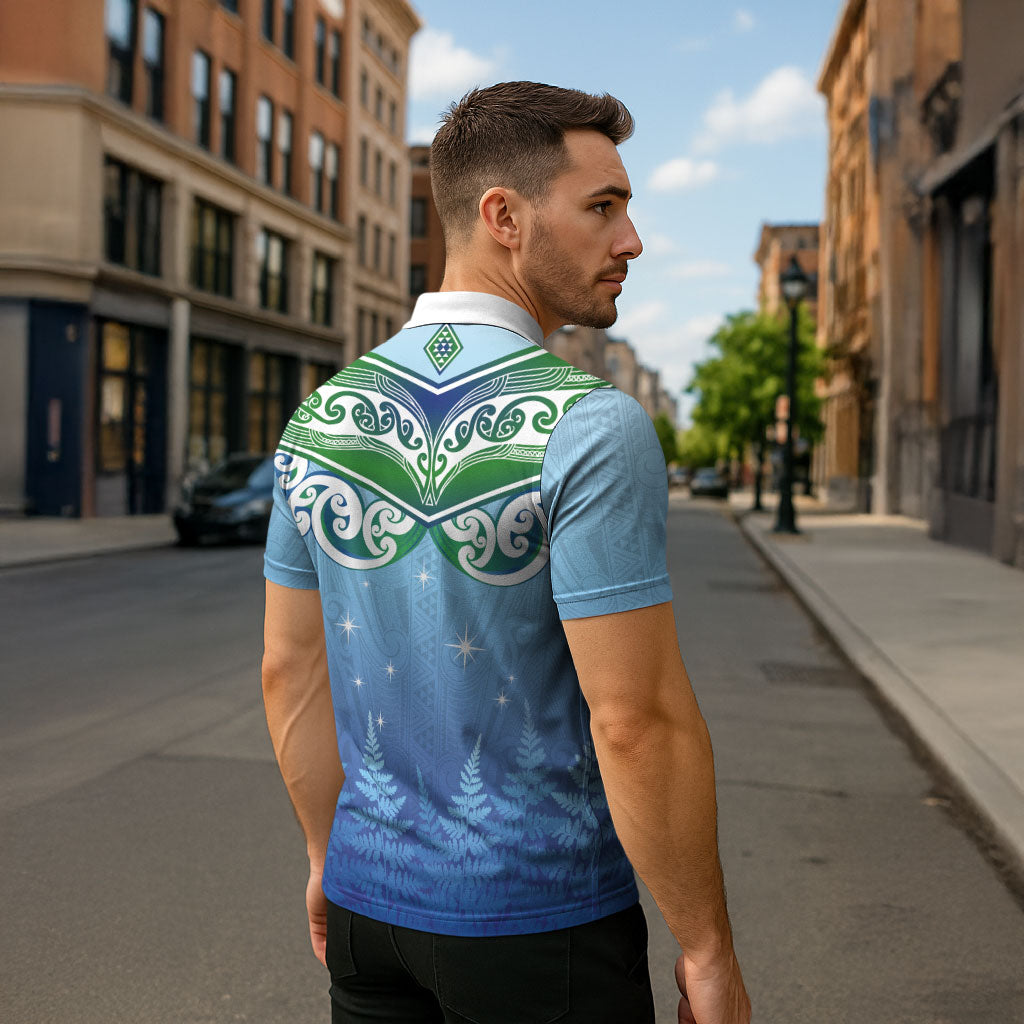 Aotearoa New Zealand New Year Zipper Polo Shirt Maori Motifs with Silver Fern and Matariki Stars LT03 - Polynesian Pride