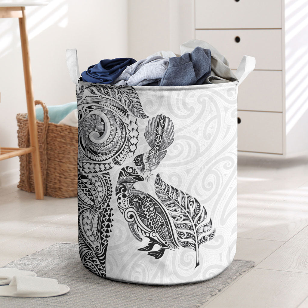 Aotearoa Moko Tribal Tattoo Laundry Basket New Zealand Maori Penguin and Fantail White Color