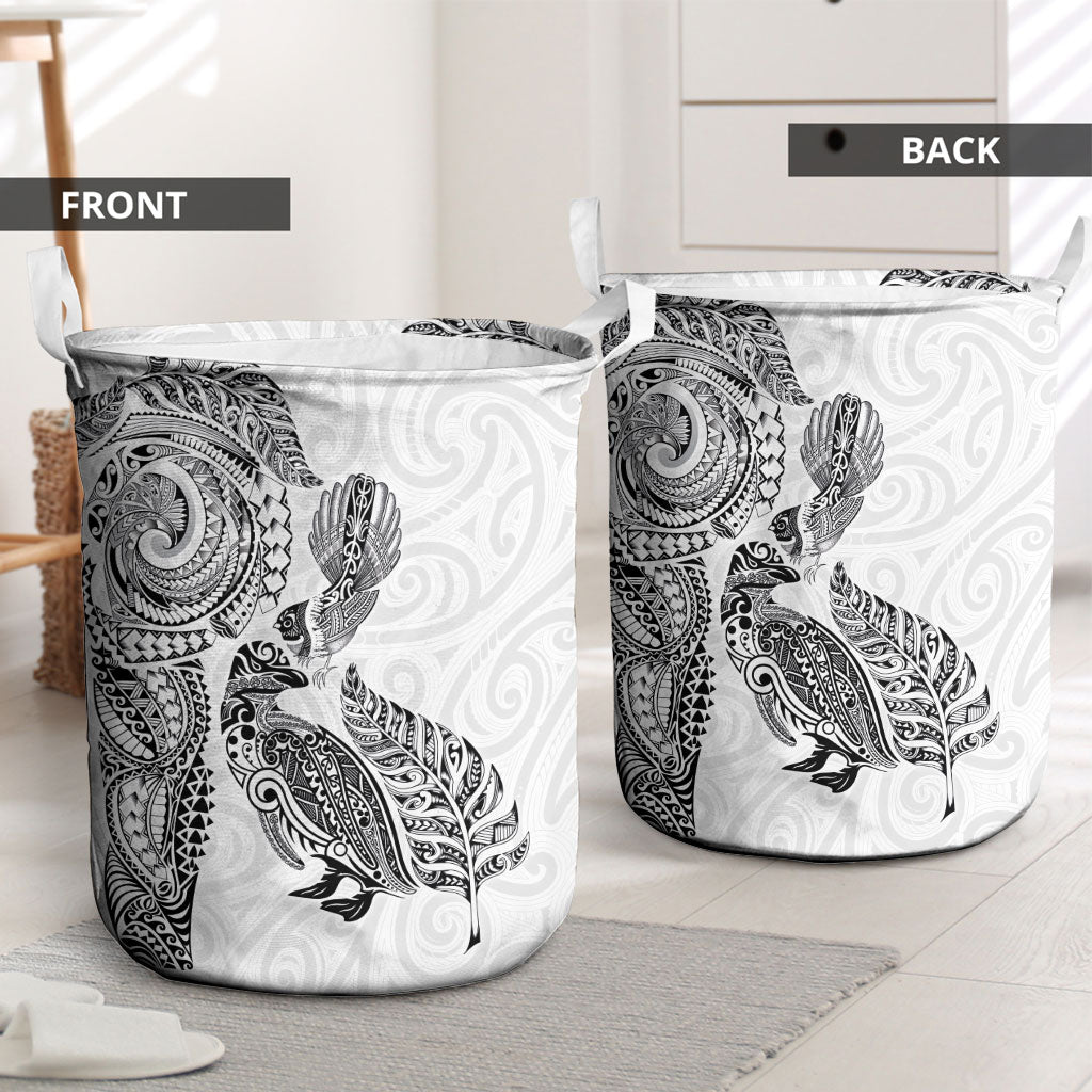 Aotearoa Moko Tribal Tattoo Laundry Basket New Zealand Maori Penguin and Fantail White Color LT03 - Polynesian Pride