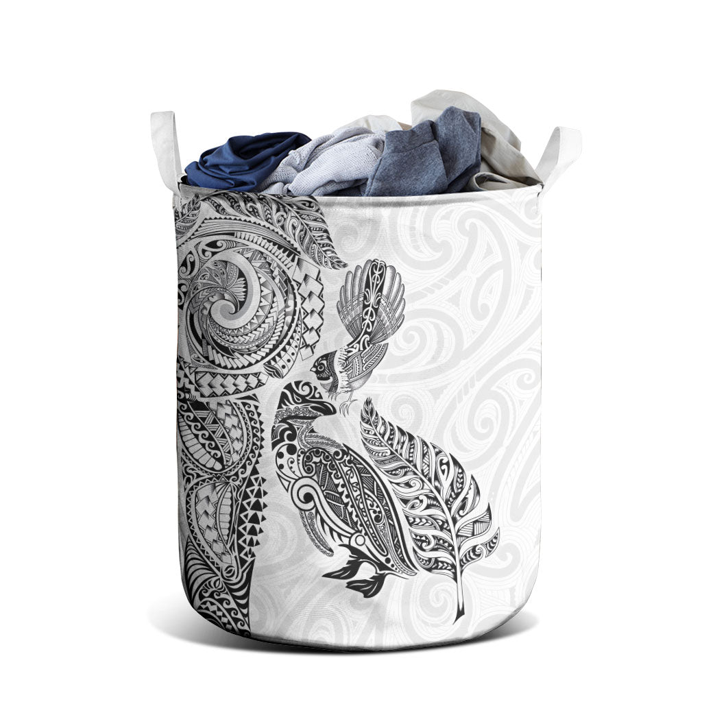 Aotearoa Moko Tribal Tattoo Laundry Basket New Zealand Maori Penguin and Fantail White Color LT03 - Polynesian Pride