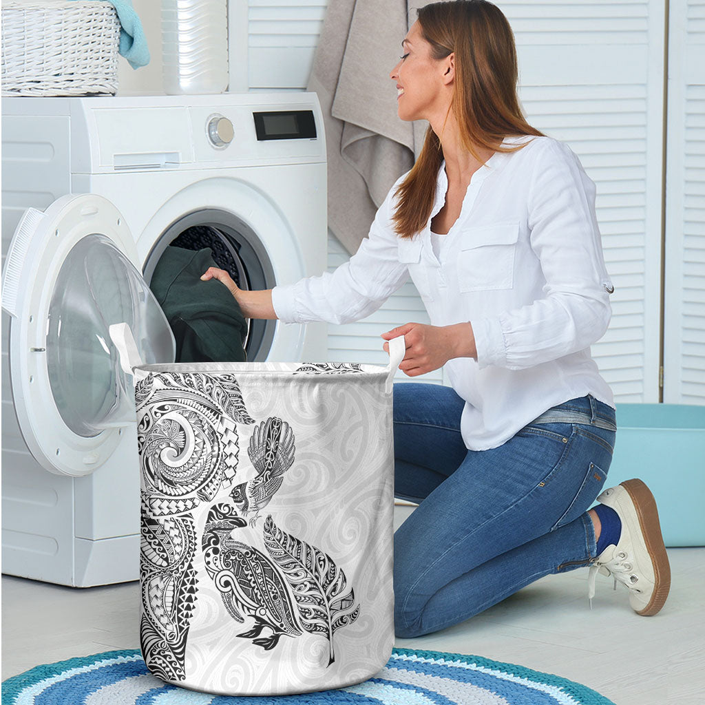 Aotearoa Moko Tribal Tattoo Laundry Basket New Zealand Maori Penguin and Fantail White Color LT03 - Polynesian Pride