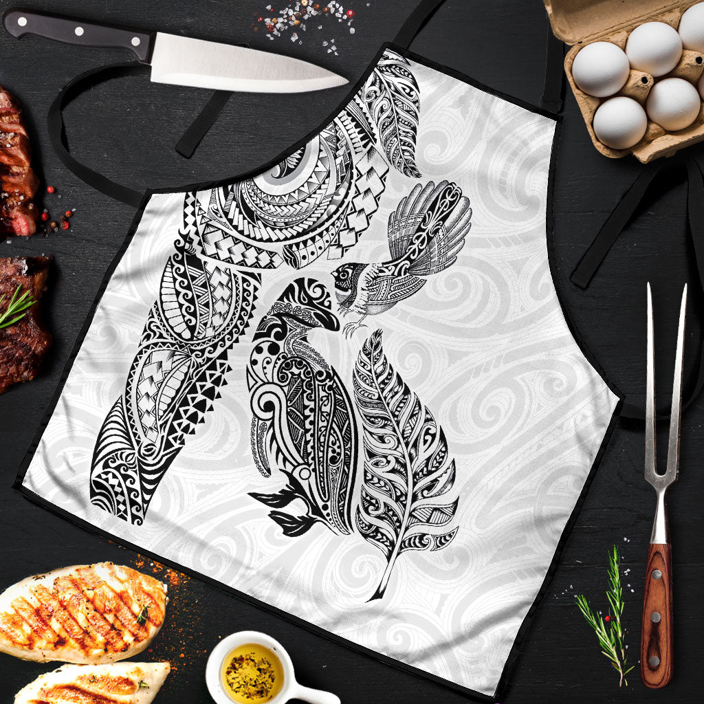 Aotearoa Moko Tribal Tattoo Apron New Zealand Maori Penguin and Fantail White Color LT03 White - Polynesian Pride