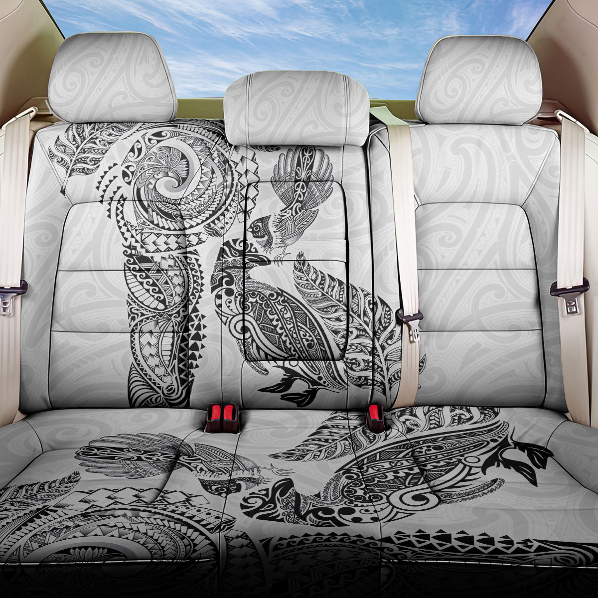Aotearoa Moko Tribal Tattoo Back Car Seat Cover New Zealand Maori Penguin and Fantail White Color LT03 One Size White - Polynesian Pride