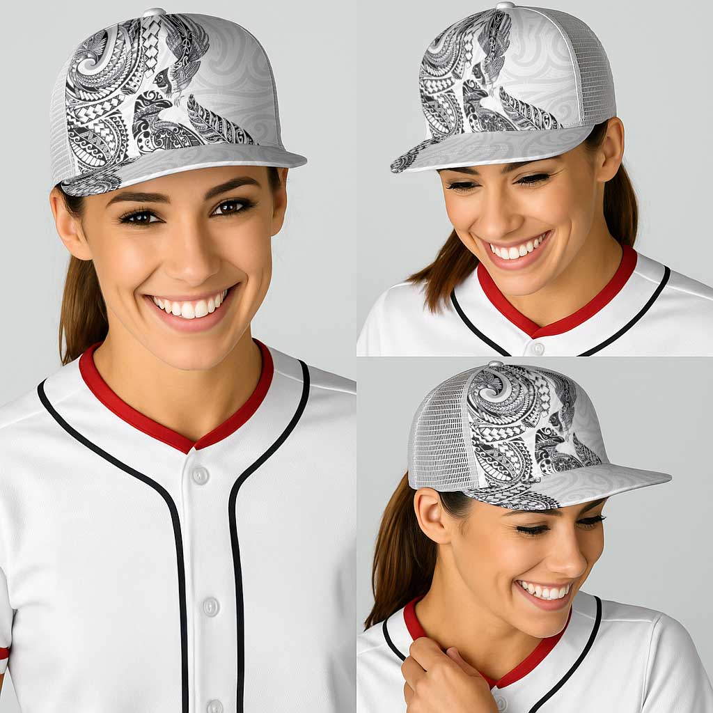 Aotearoa Moko Tribal Tattoo Baseball Net Cap New Zealand Maori Penguin and Fantail White Color LT03 - Polynesian Pride
