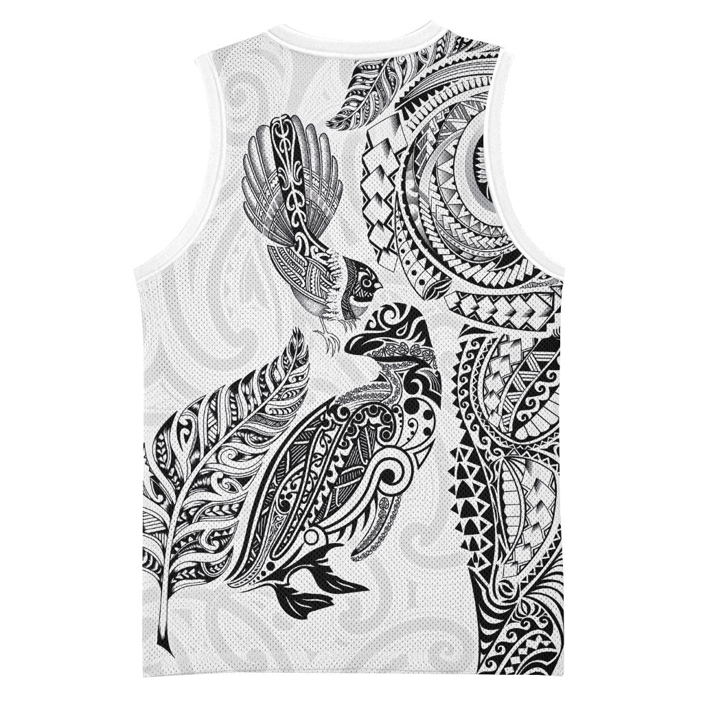 Aotearoa Moko Tribal Tattoo Basketball Jersey New Zealand Maori Penguin and Fantail White Color LT03 - Polynesian Pride