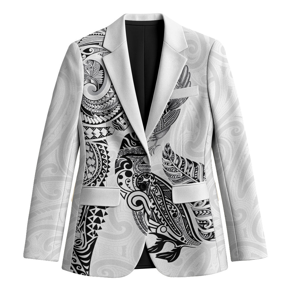 Aotearoa Moko Tribal Tattoo Blazer New Zealand Maori Penguin and Fantail White Color LT03 Unisex White - Polynesian Pride