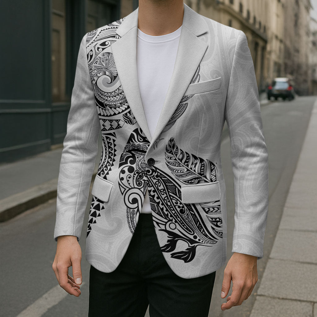 Aotearoa Moko Tribal Tattoo Blazer New Zealand Maori Penguin and Fantail White Color LT03 - Polynesian Pride