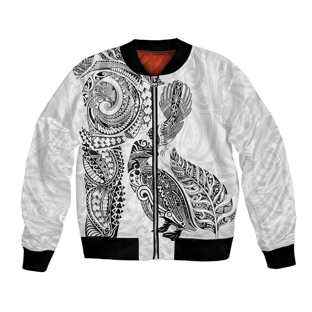 Aotearoa Moko Tribal Tattoo Bomber Jacket New Zealand Maori Penguin and Fantail White Color LT03 Unisex White - Polynesian Pride