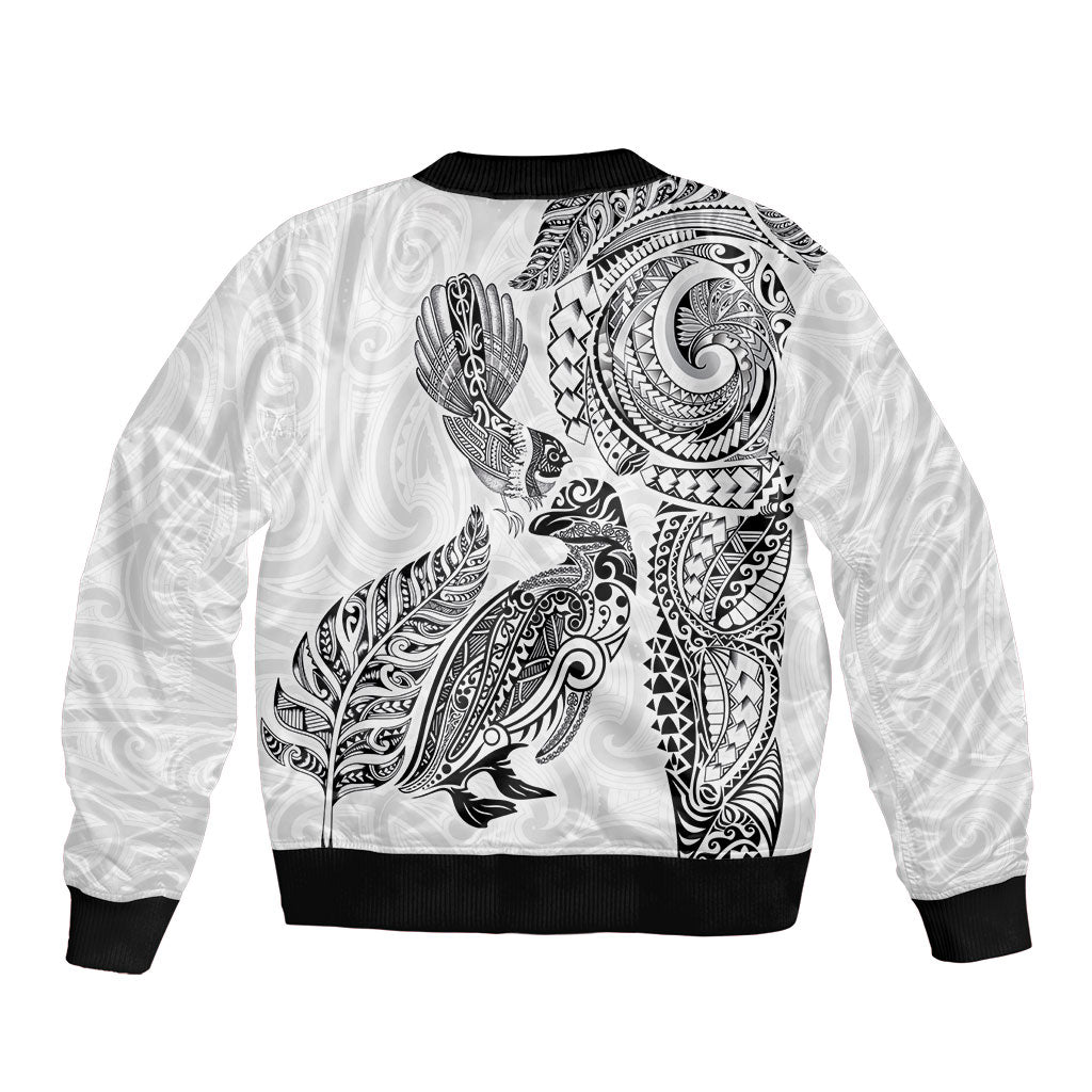 Aotearoa Moko Tribal Tattoo Bomber Jacket New Zealand Maori Penguin and Fantail White Color LT03 - Polynesian Pride