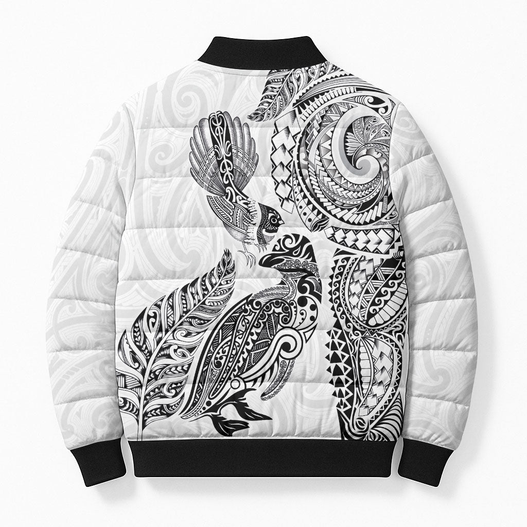 Aotearoa Moko Tribal Tattoo Bomber Puffer Jacket New Zealand Maori Penguin and Fantail White Color LT03 - Polynesian Pride