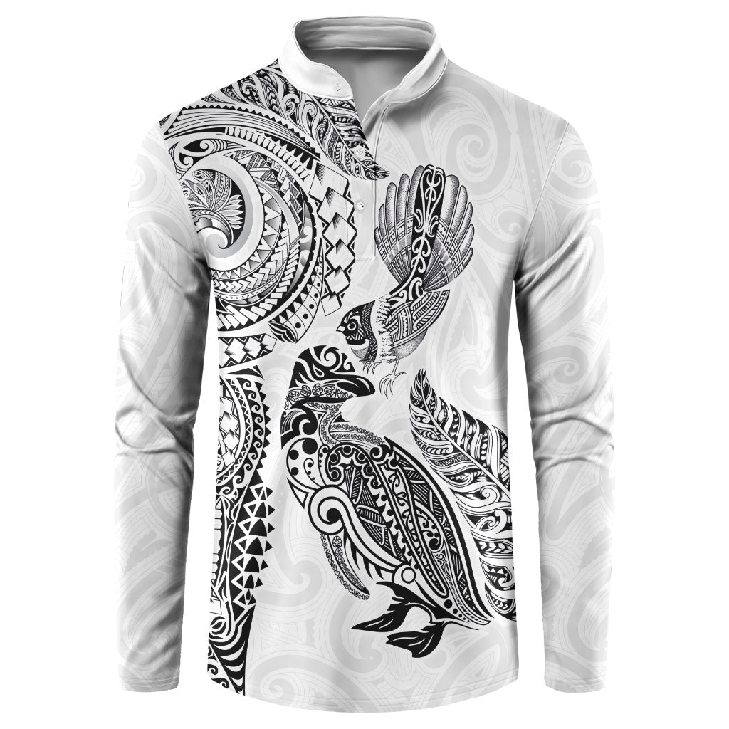 Aotearoa Moko Tribal Tattoo Button Sweatshirt New Zealand Maori Penguin and Fantail White Color LT03 White - Polynesian Pride