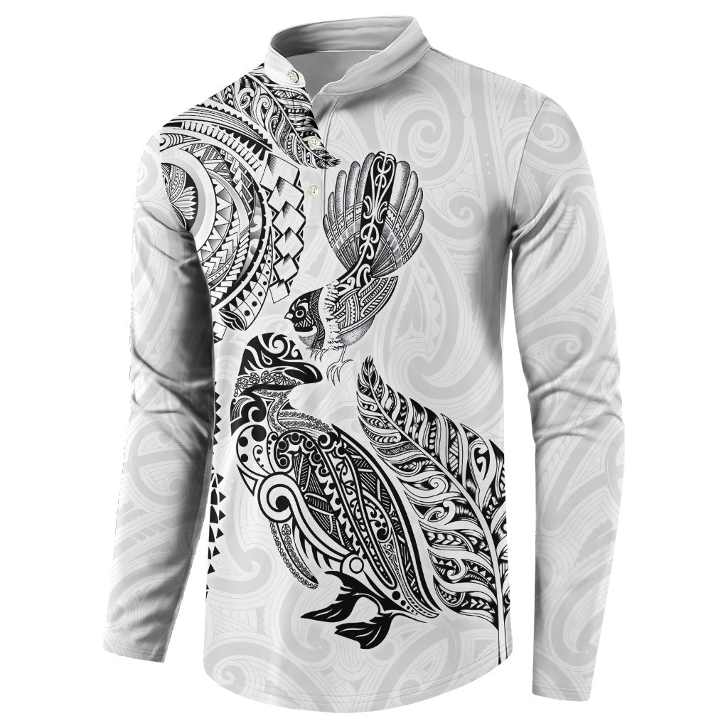 Aotearoa Moko Tribal Tattoo Button Sweatshirt New Zealand Maori Penguin and Fantail White Color LT03 - Polynesian Pride