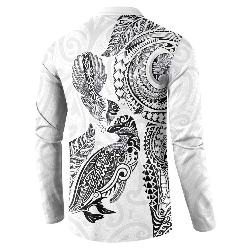 Aotearoa Moko Tribal Tattoo Button Sweatshirt New Zealand Maori Penguin and Fantail White Color LT03 - Polynesian Pride