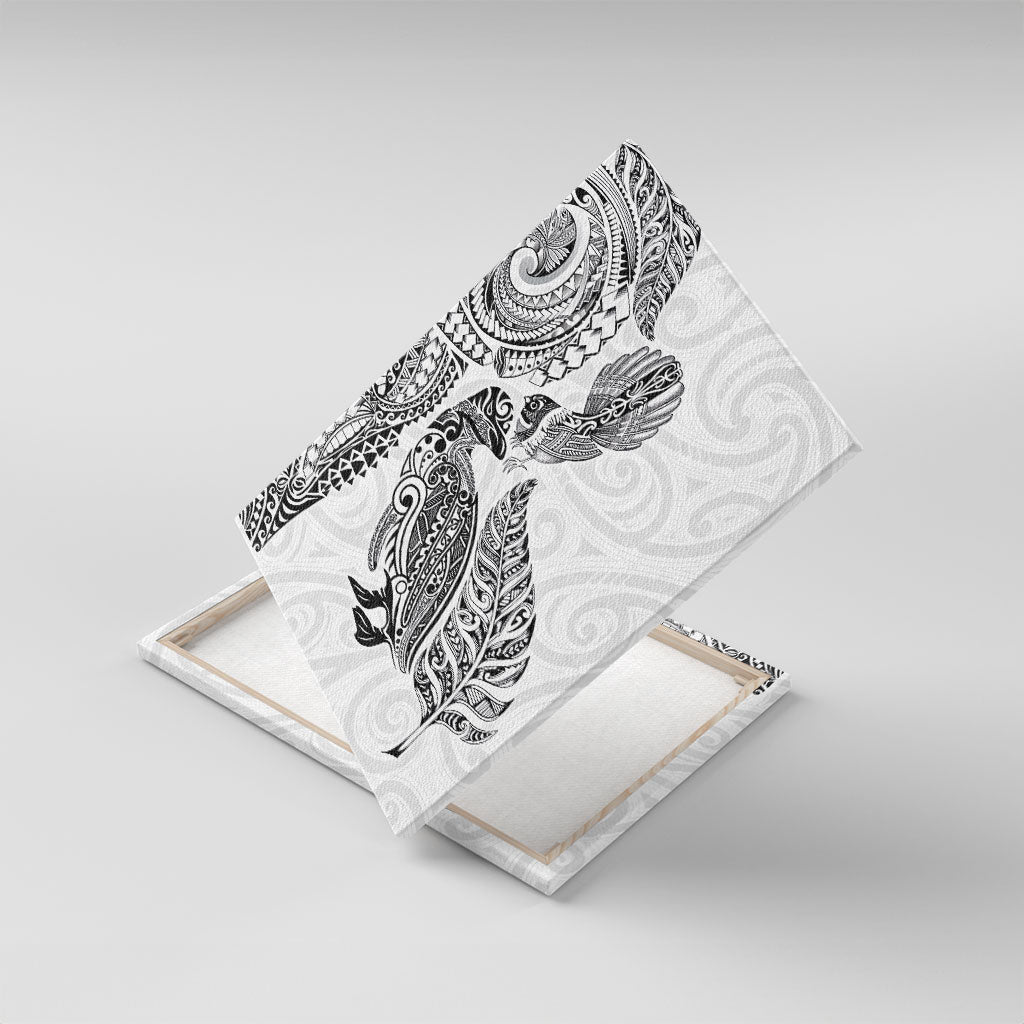 Aotearoa Moko Tribal Tattoo Canvas Wall Art New Zealand Maori Penguin and Fantail White Color LT03 With Frame White - Polynesian Pride