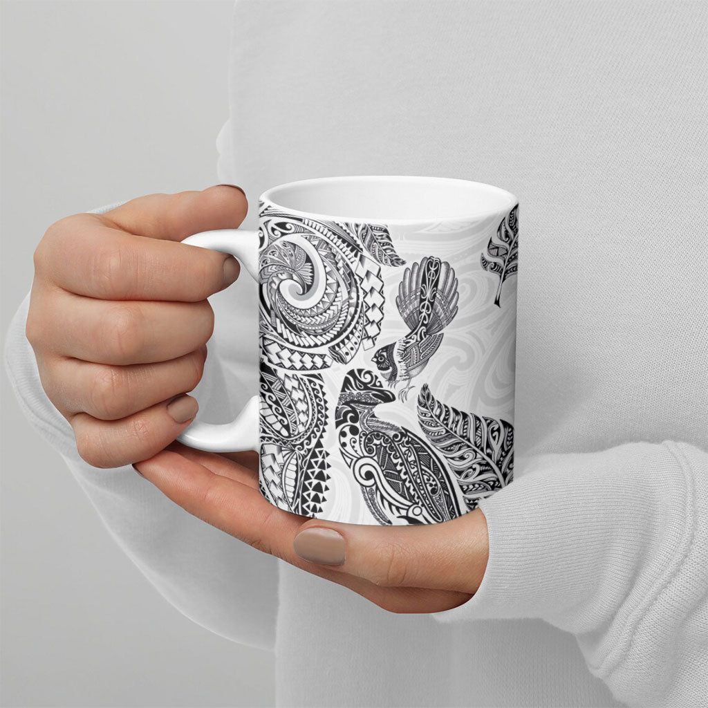 Aotearoa Moko Tribal Tattoo Ceramic Mug New Zealand Maori Penguin and Fantail White Color LT03 - Polynesian Pride