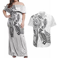 Aotearoa Moko Tribal Tattoo Couples Matching Off Shoulder Maxi Dress and Hawaiian Shirt New Zealand Maori Penguin and Fantail White Color LT03 White - Polynesian Pride