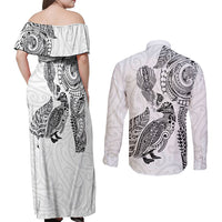 Aotearoa Moko Tribal Tattoo Couples Matching Off Shoulder Maxi Dress and Long Sleeve Button Shirt New Zealand Maori Penguin and Fantail White Color LT03 - Polynesian Pride