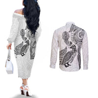 Aotearoa Moko Tribal Tattoo Couples Matching Off The Shoulder Long Sleeve Dress and Long Sleeve Button Shirt New Zealand Maori Penguin and Fantail White Color LT03 - Polynesian Pride