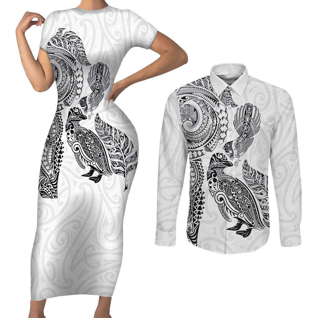 Aotearoa Moko Tribal Tattoo Couples Matching Short Sleeve Bodycon Dress and Long Sleeve Button Shirt New Zealand Maori Penguin and Fantail White Color LT03 White - Polynesian Pride