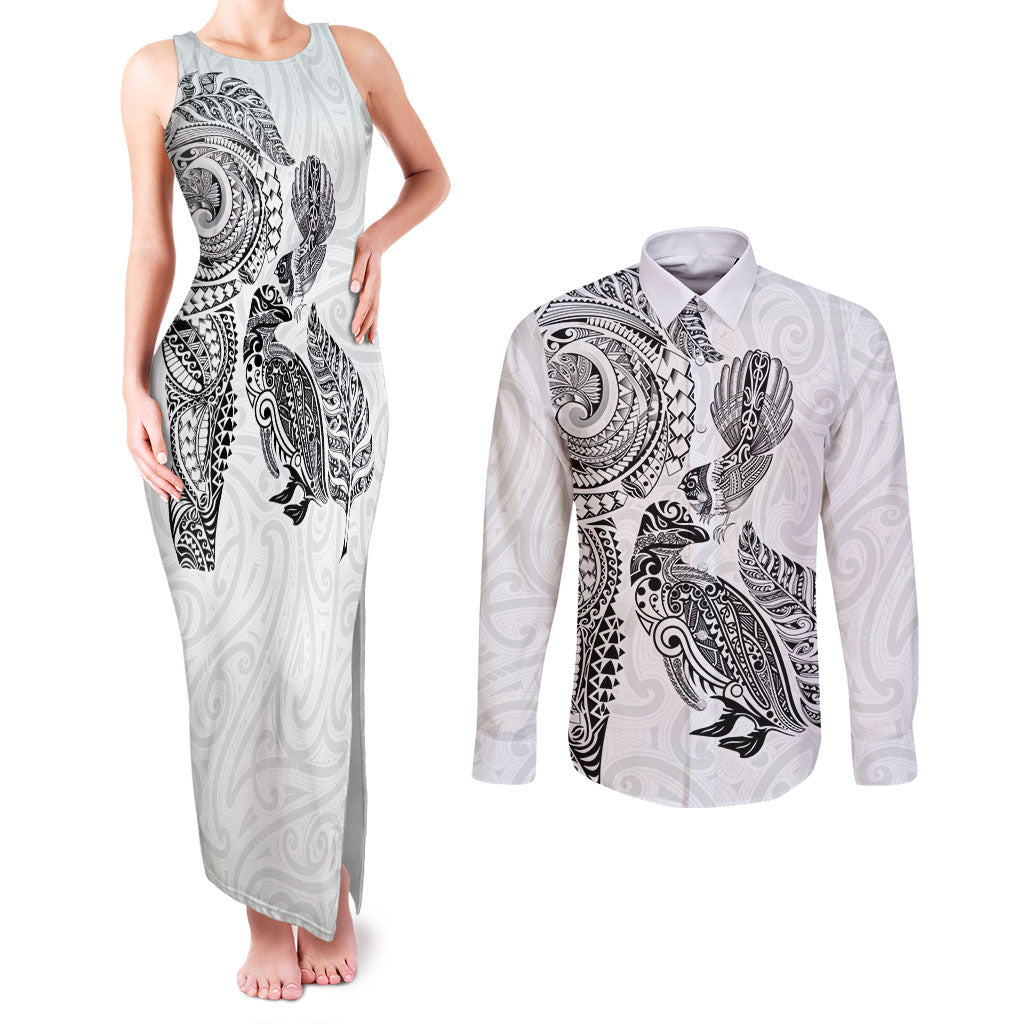 Aotearoa Moko Tribal Tattoo Couples Matching Tank Maxi Dress and Long Sleeve Button Shirt New Zealand Maori Penguin and Fantail White Color LT03 White - Polynesian Pride