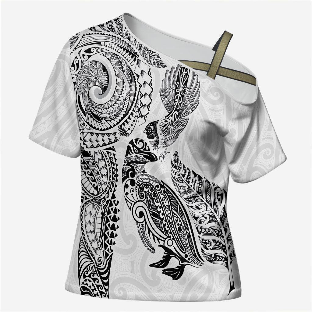 Aotearoa Moko Tribal Tattoo Cross Shoulder Shirt New Zealand Maori Penguin and Fantail White Color LT03 Female White - Polynesian Pride