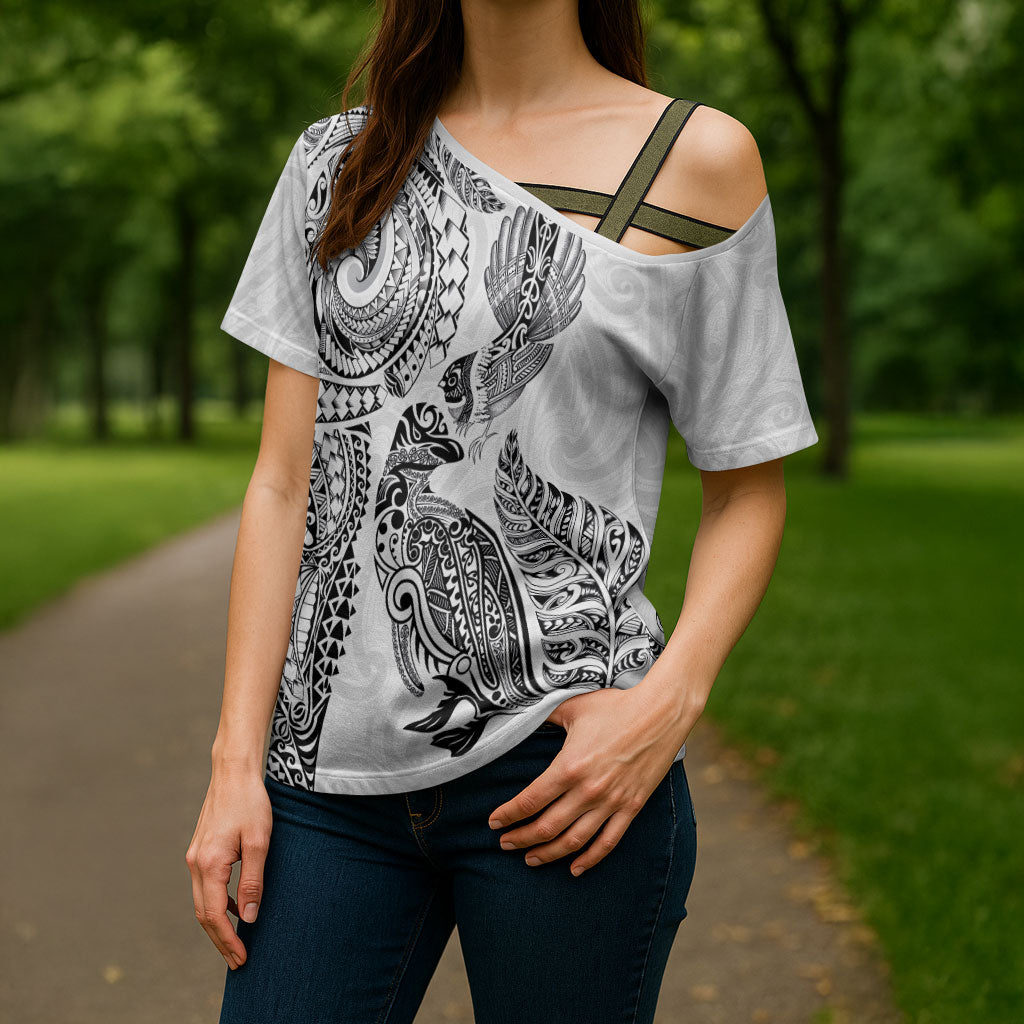 Aotearoa Moko Tribal Tattoo Cross Shoulder Shirt New Zealand Maori Penguin and Fantail White Color LT03 - Polynesian Pride