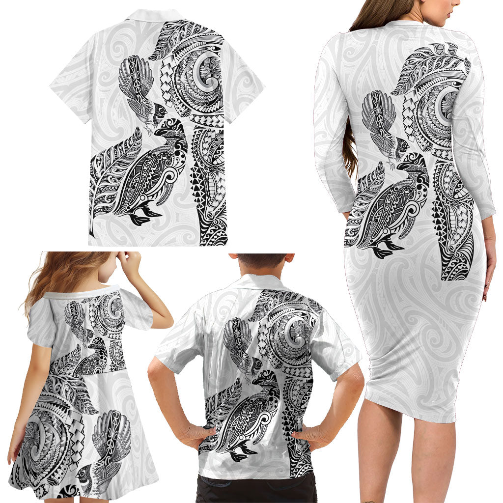 Aotearoa Moko Tribal Tattoo Family Matching Long Sleeve Bodycon Dress and Hawaiian Shirt New Zealand Maori Penguin and Fantail White Color LT03 - Polynesian Pride