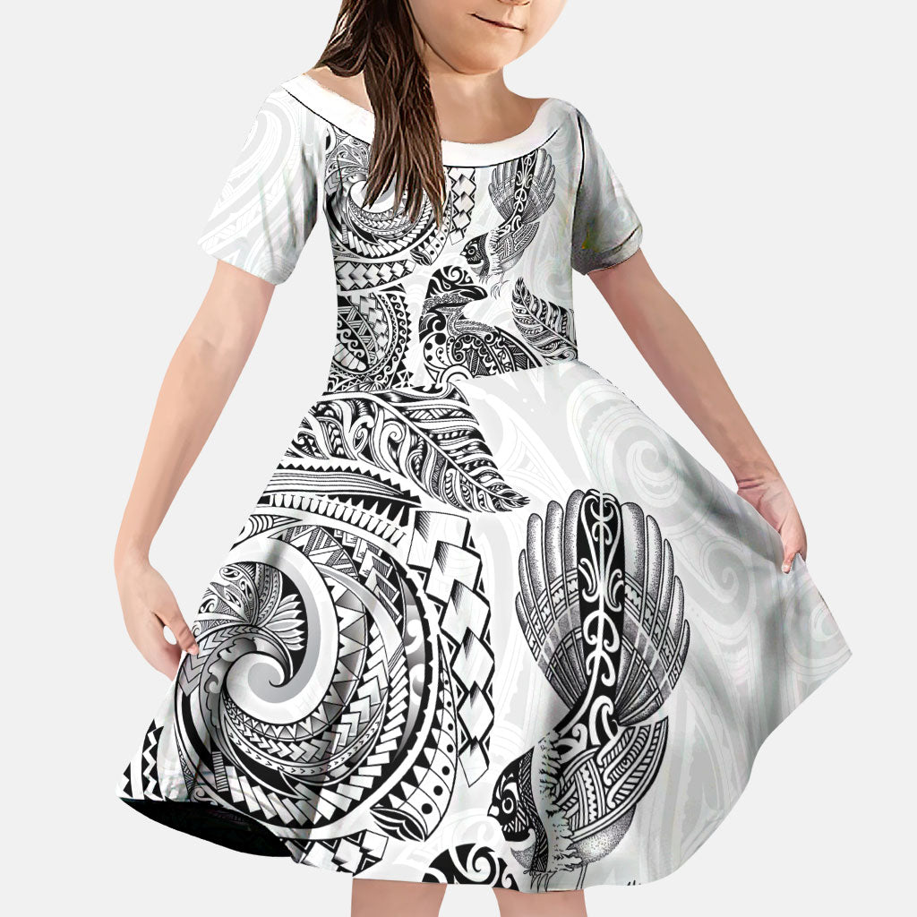 Aotearoa Moko Tribal Tattoo Family Matching Off The Shoulder Long Sleeve Dress and Hawaiian Shirt New Zealand Maori Penguin and Fantail White Color LT03 Daughter's Dress White - Polynesian Pride