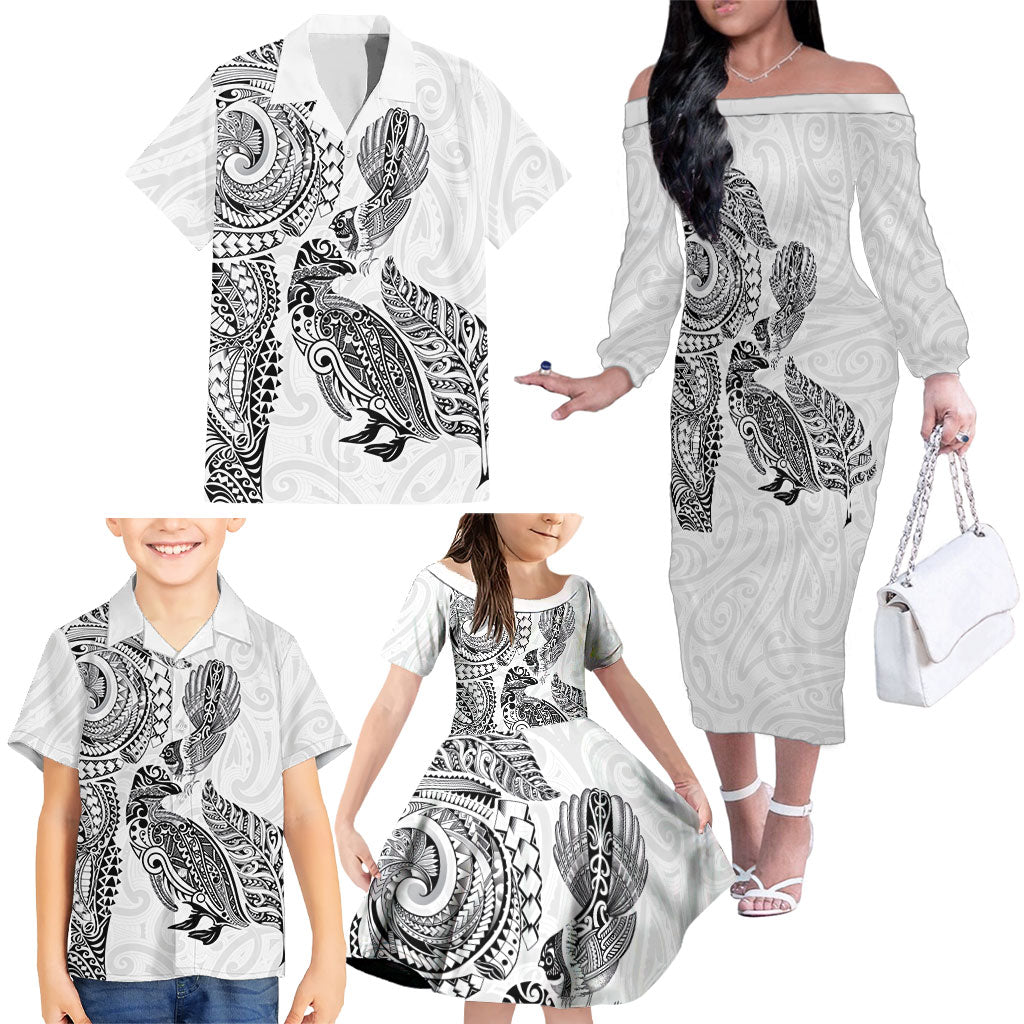 Aotearoa Moko Tribal Tattoo Family Matching Off The Shoulder Long Sleeve Dress and Hawaiian Shirt New Zealand Maori Penguin and Fantail White Color