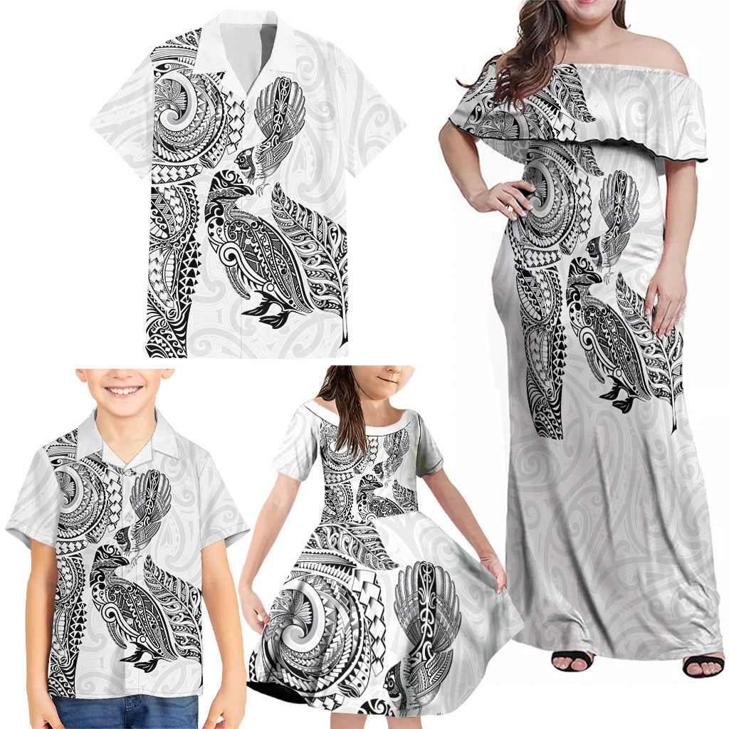 Aotearoa Moko Tribal Tattoo Family Matching Off Shoulder Maxi Dress and Hawaiian Shirt New Zealand Maori Penguin and Fantail White Color LT03 - Polynesian Pride