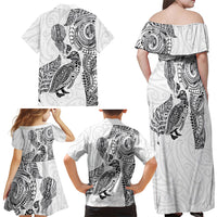 Aotearoa Moko Tribal Tattoo Family Matching Off Shoulder Maxi Dress and Hawaiian Shirt New Zealand Maori Penguin and Fantail White Color LT03 - Polynesian Pride