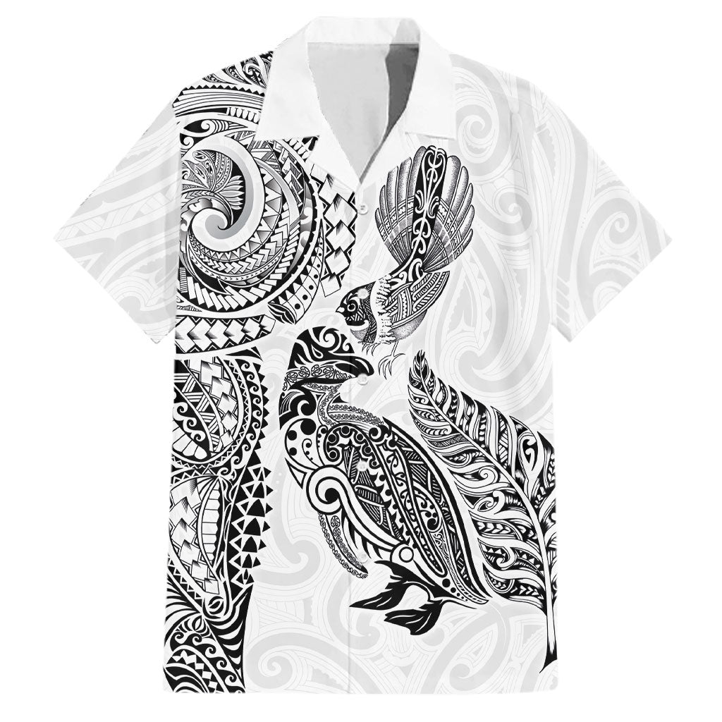 Aotearoa Moko Tribal Tattoo Family Matching Off Shoulder Maxi Dress and Hawaiian Shirt New Zealand Maori Penguin and Fantail White Color LT03 Dad's Shirt - Short Sleeve White - Polynesian Pride
