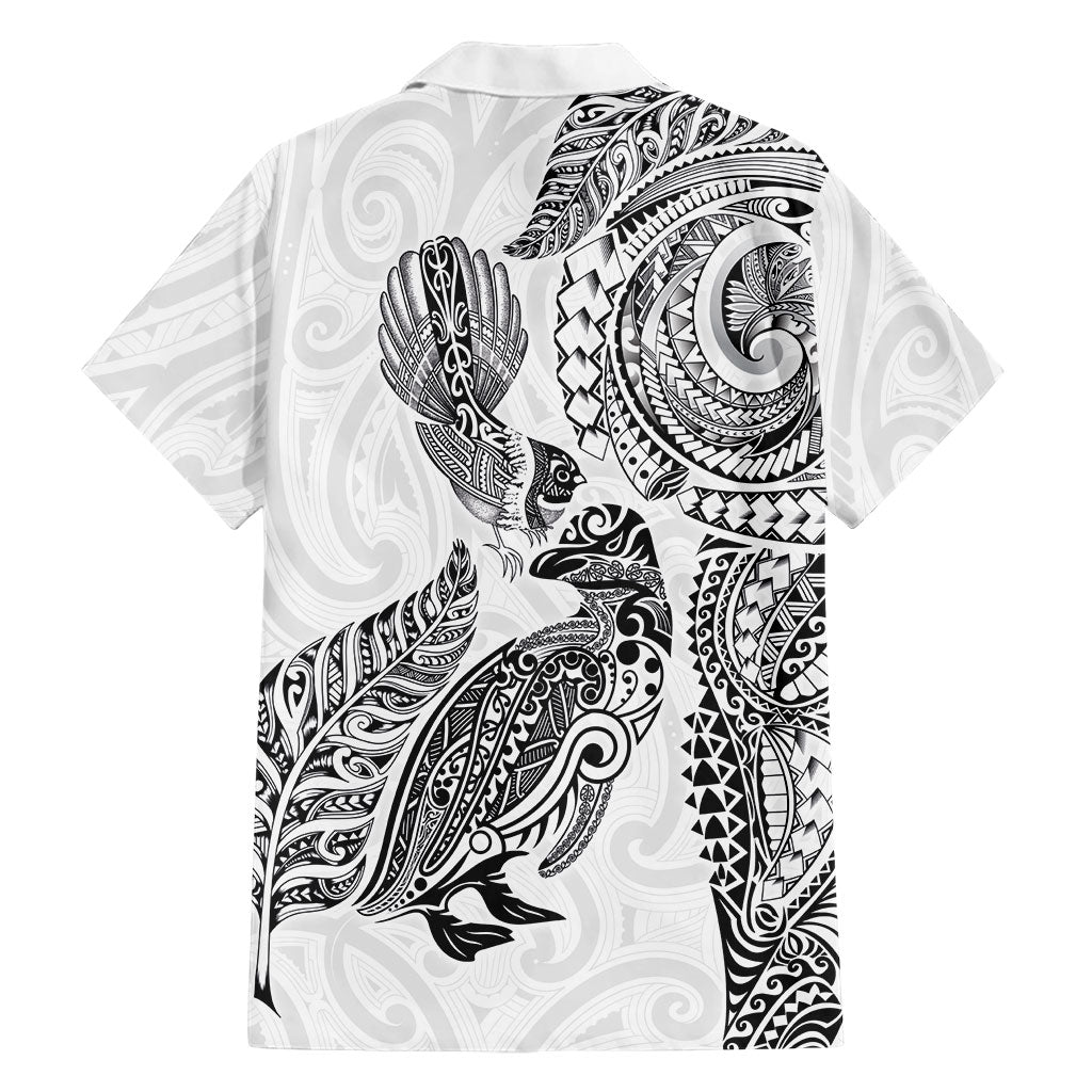 Aotearoa Moko Tribal Tattoo Family Matching Off Shoulder Maxi Dress and Hawaiian Shirt New Zealand Maori Penguin and Fantail White Color LT03 - Polynesian Pride