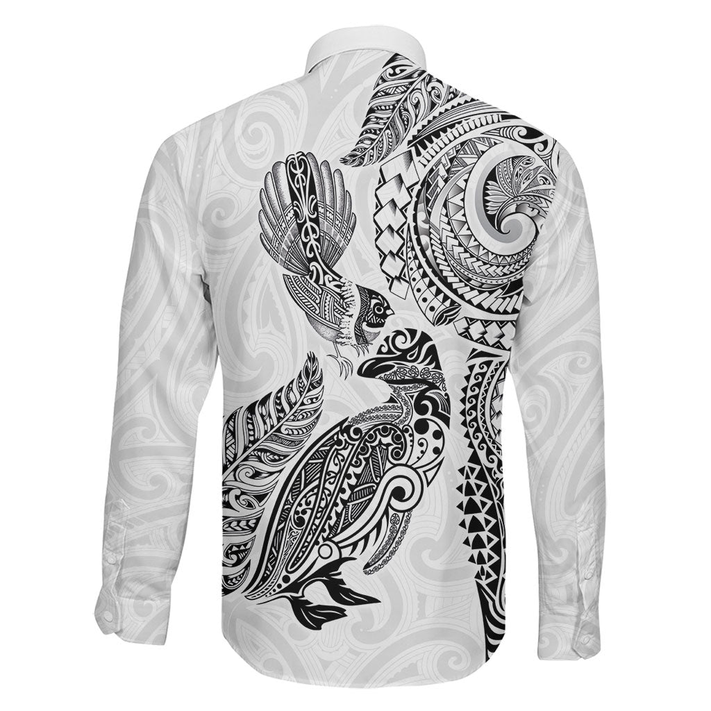 Aotearoa Moko Tribal Tattoo Family Matching Off Shoulder Maxi Dress and Hawaiian Shirt New Zealand Maori Penguin and Fantail White Color LT03 - Polynesian Pride