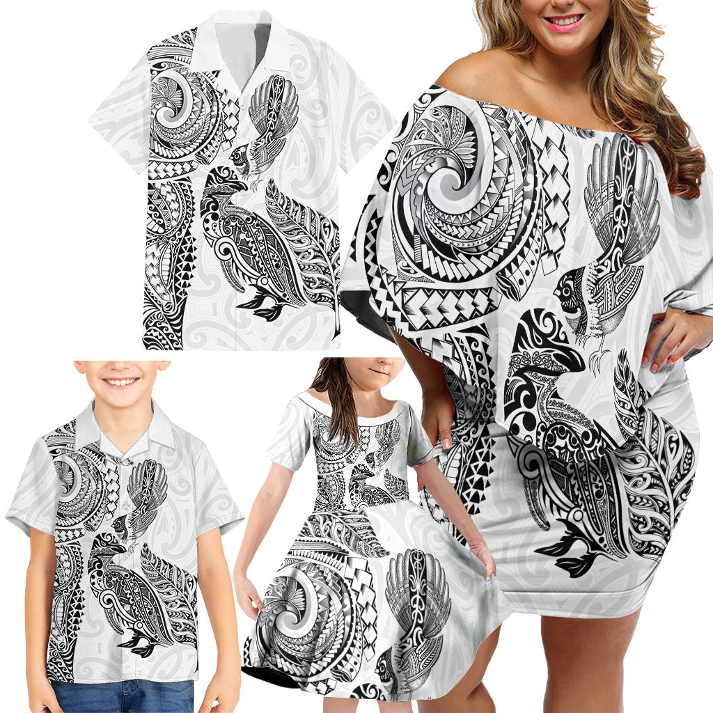Aotearoa Moko Tribal Tattoo Family Matching Off Shoulder Short Dress and Hawaiian Shirt New Zealand Maori Penguin and Fantail White Color LT03 - Polynesian Pride