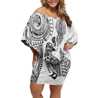 Aotearoa Moko Tribal Tattoo Family Matching Off Shoulder Short Dress and Hawaiian Shirt New Zealand Maori Penguin and Fantail White Color LT03 Mom's Dress White - Polynesian Pride