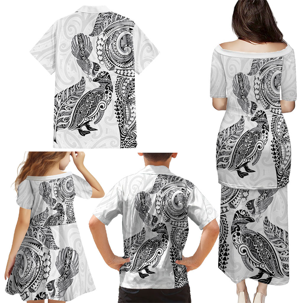 Aotearoa Moko Tribal Tattoo Family Matching Puletasi and Hawaiian Shirt New Zealand Maori Penguin and Fantail White Color LT03 - Polynesian Pride