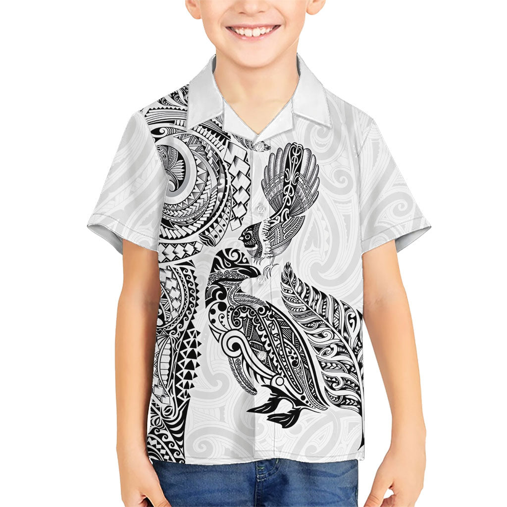 Aotearoa Moko Tribal Tattoo Family Matching Puletasi and Hawaiian Shirt New Zealand Maori Penguin and Fantail White Color LT03 Son's Shirt White - Polynesian Pride