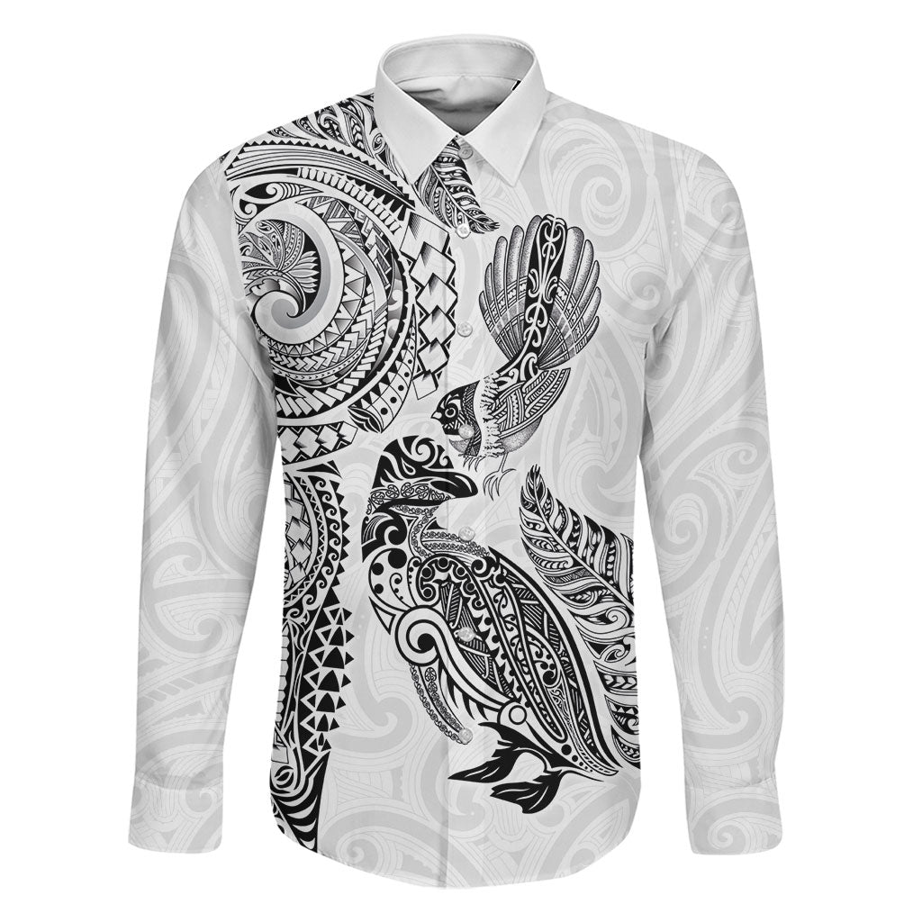 Aotearoa Moko Tribal Tattoo Family Matching Short Sleeve Bodycon Dress and Hawaiian Shirt New Zealand Maori Penguin and Fantail White Color LT03 Dad's Shirt - Long Sleeve White - Polynesian Pride
