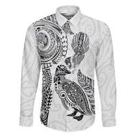 Aotearoa Moko Tribal Tattoo Family Matching Short Sleeve Bodycon Dress and Hawaiian Shirt New Zealand Maori Penguin and Fantail White Color LT03 Dad's Shirt - Long Sleeve White - Polynesian Pride