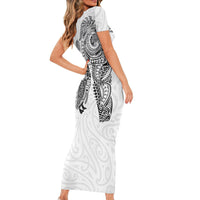 Aotearoa Moko Tribal Tattoo Family Matching Short Sleeve Bodycon Dress and Hawaiian Shirt New Zealand Maori Penguin and Fantail White Color LT03 - Polynesian Pride