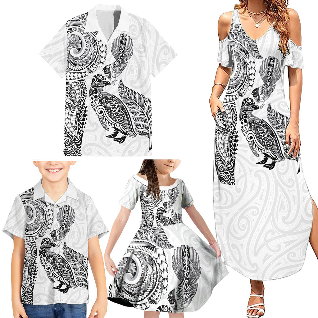 Aotearoa Moko Tribal Tattoo Family Matching Summer Maxi Dress and Hawaiian Shirt New Zealand Maori Penguin and Fantail White Color LT03 - Polynesian Pride