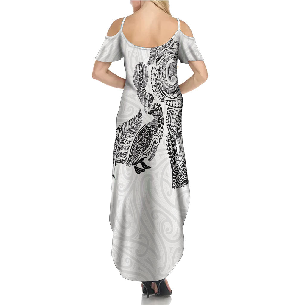 Aotearoa Moko Tribal Tattoo Family Matching Summer Maxi Dress and Hawaiian Shirt New Zealand Maori Penguin and Fantail White Color LT03 - Polynesian Pride