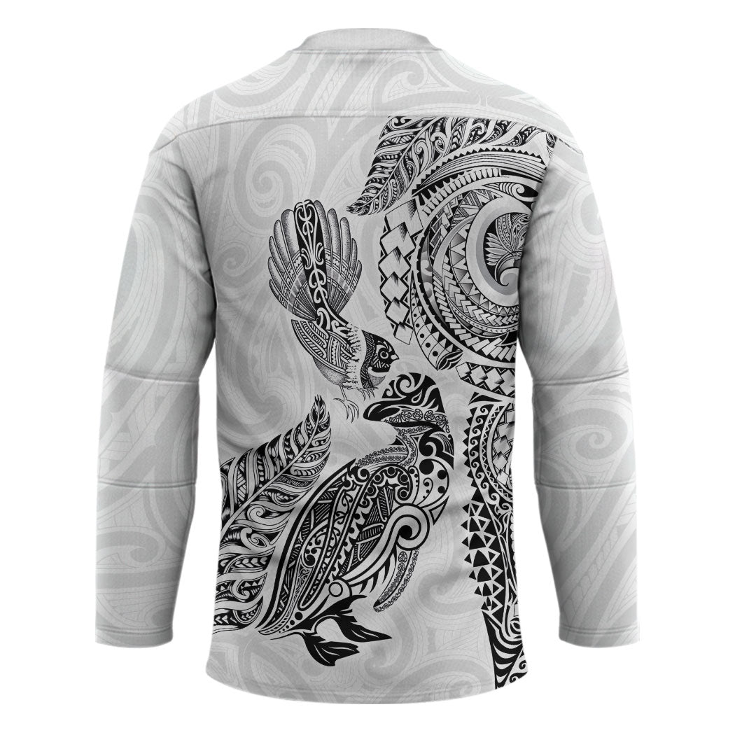 Aotearoa Moko Tribal Tattoo Hockey Jersey New Zealand Maori Penguin and Fantail White Color LT03 - Polynesian Pride
